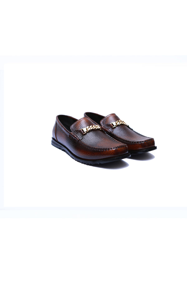 Mild Leather Loafer Shoes With Chain Buckle Two Tone