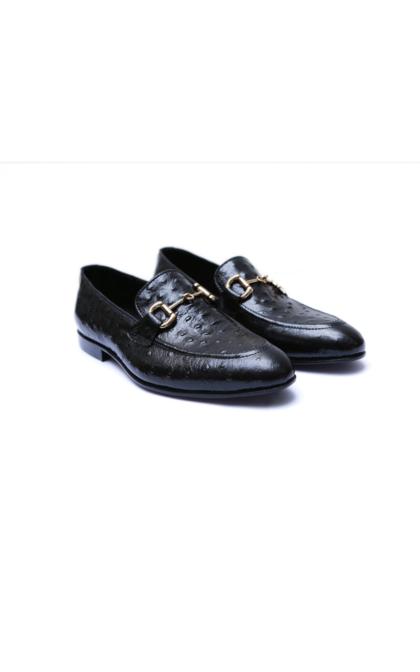 Ostrich Leather Shoes With Buckle In Black