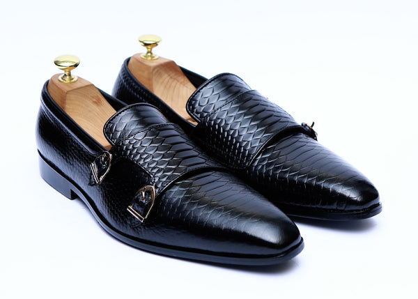 Fish Leather Double Monk Shoes Rubber Sole in Black