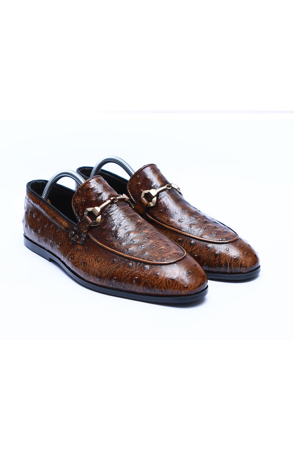 Ostrich Leather Shoes With Buckle Rubber Sole in Two Tone