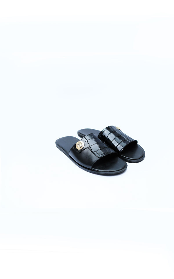 Croc Leather Slipper in Black