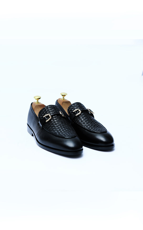 Black Knitting Leather Shoes With Buckle