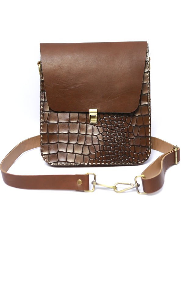 Croc Leather Side Purse In Brown