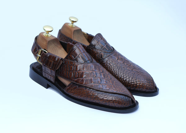 Croc Leather Imprint Handmade Peshawari Chappal Two Tone