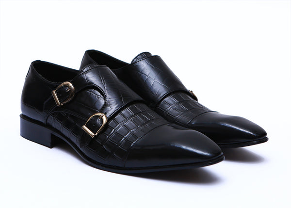 Double Monk Croc Leather Shoes in Black