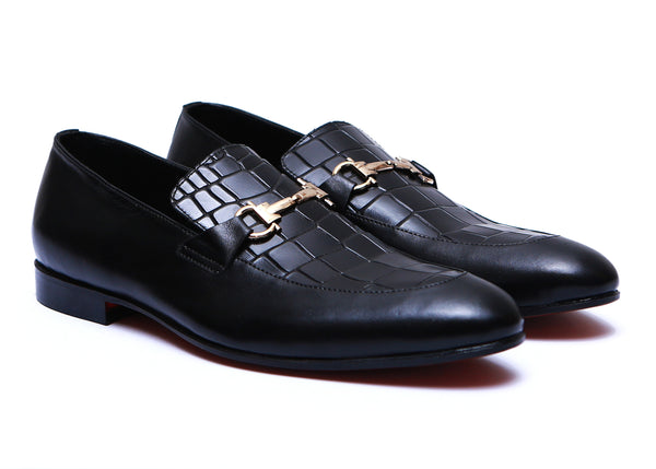 Half Croc Leather Shoes With Buckle in Black