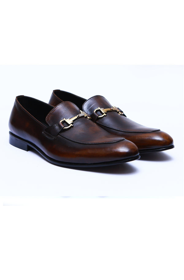 Handmade Plain Leather Shoes With Buckle In Two Tone